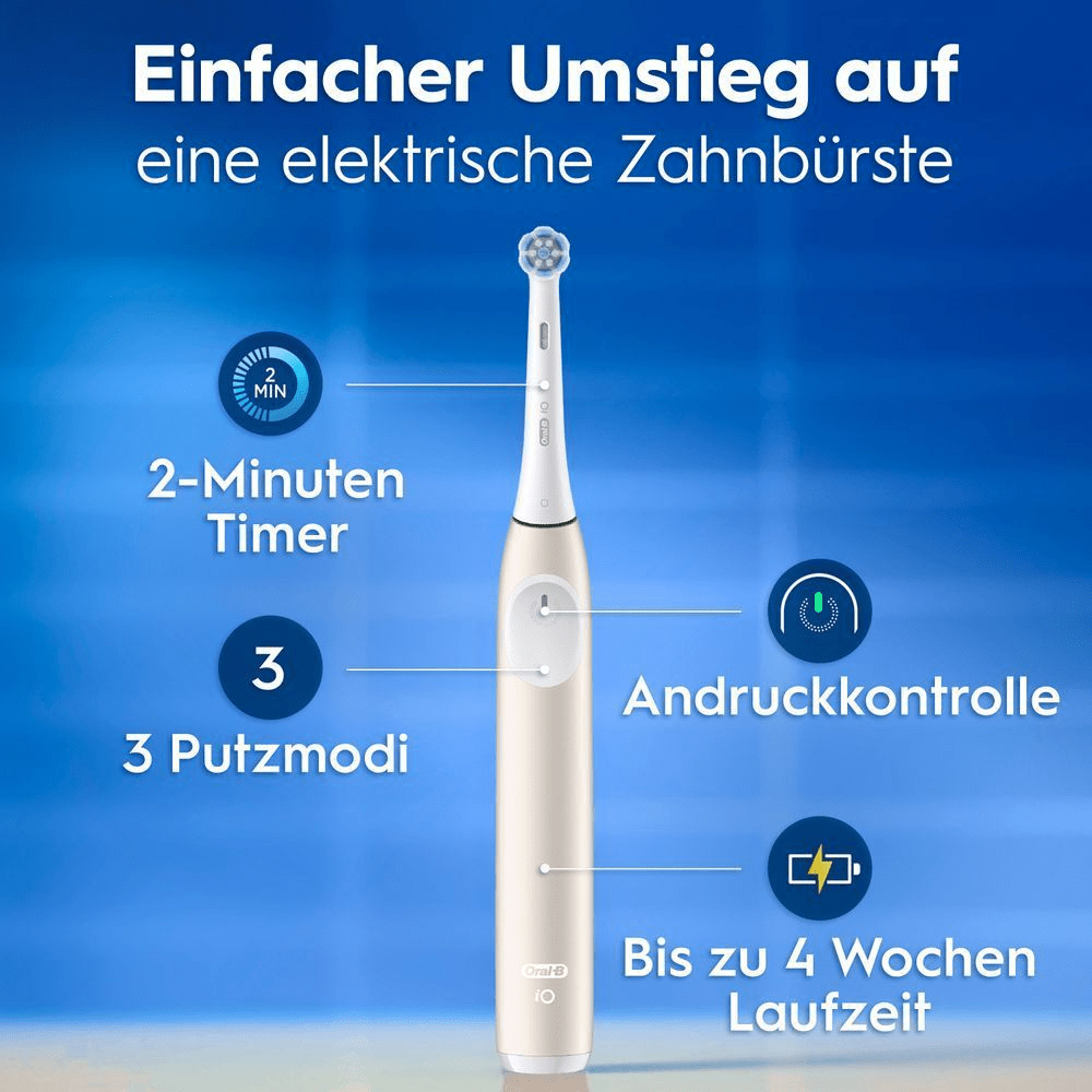 Elektrische Zahnbürste mit 2-Minuten Timer, 3 Putzmodi, Andruckkontrolle und 4 Wochen Laufzeit.