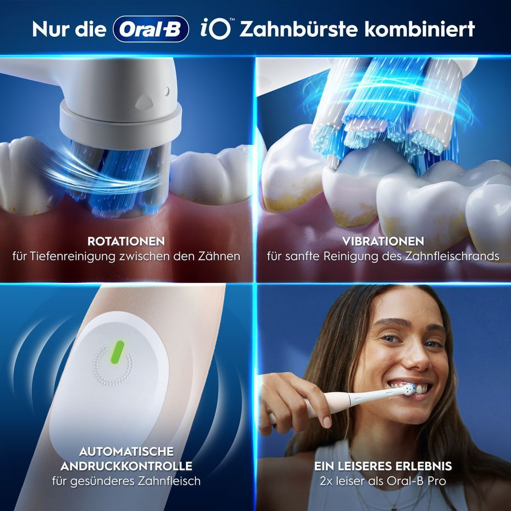 Oral-B iO Zahnbürste kombiniert Rotationen, Vibrationen, Andruckkontrolle für eine leise Reinigung.