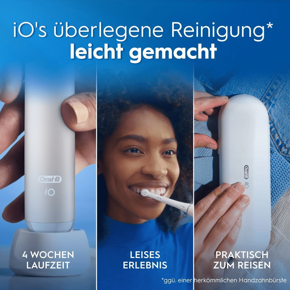 Überlegene Reinigung mit Oral-B iO: 4 Wochen Laufzeit, leise & reisefreundlich.