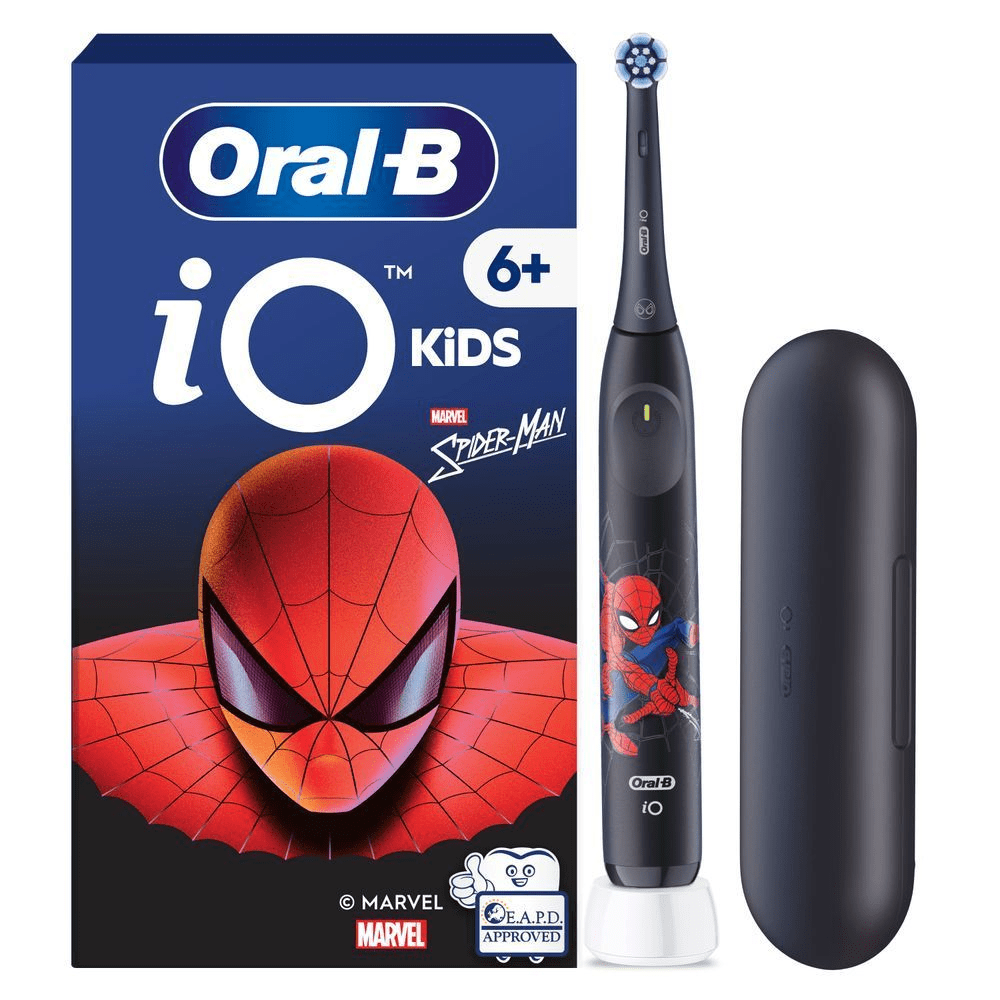 Oral-B iO 6+ Kids elektrische Zahnbürste mit Spider-Man-Motiv, inklusive Reiseetui und Verpackung.;
