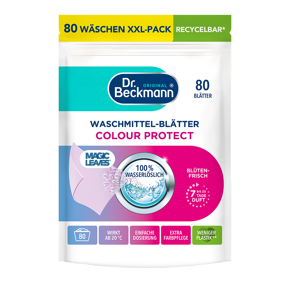Bild: Dr. Beckmann Magic Leaves Waschmittel Blätter Colour Protect Blütenfrisch