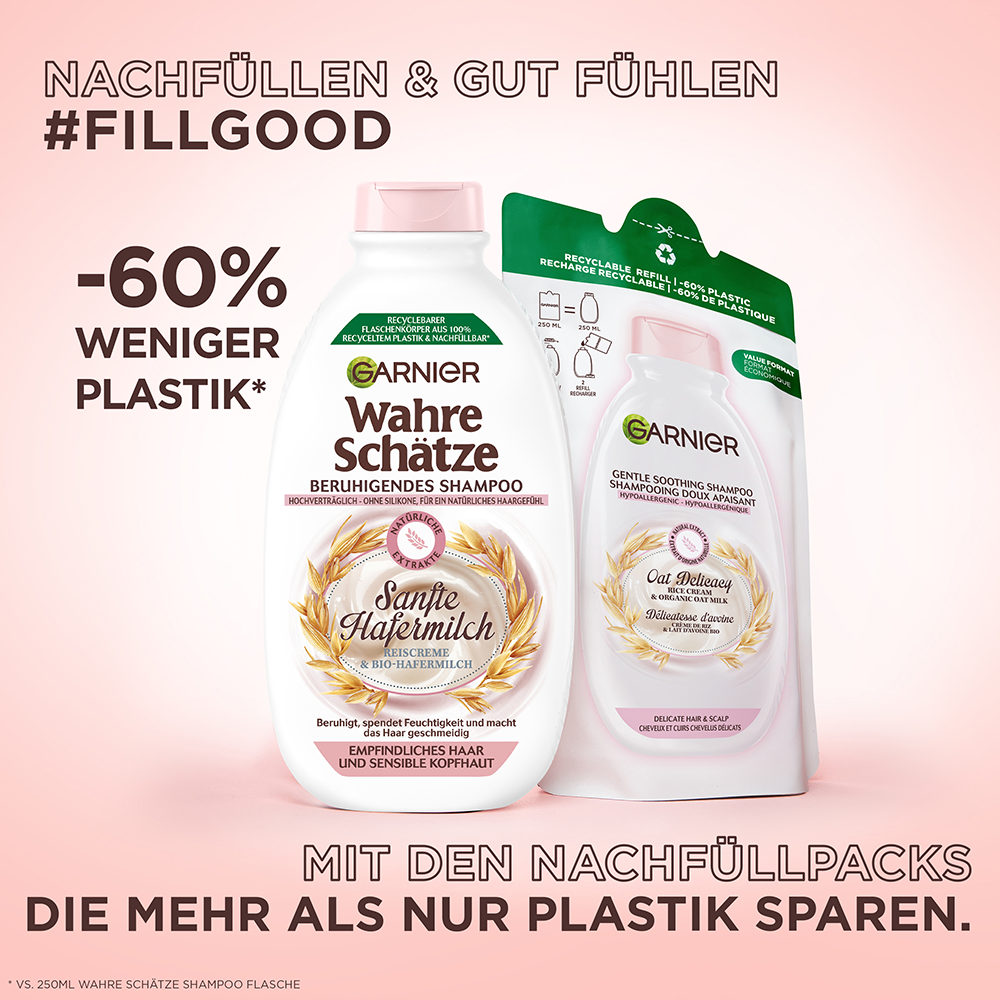 Bild: GARNIER Wahre Schätze Beruhigendes Shampoo Sanfte Hafermilch Nachfüllpack 