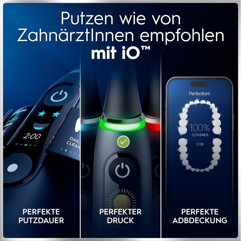 Perfekte Putzdauer, Druck und Abdeckung mit Oral-B iO, wie von Zahnärzten empfohlen.