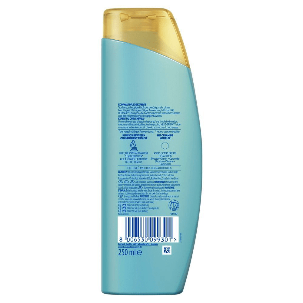 Head & Shoulders Derma X Pro Anti-Schuppen Shampoo-Flasche, die Hilft, die Kopfhautbarriere zu regenerieren und Mit Ceramide Komplex hervorhebt.
