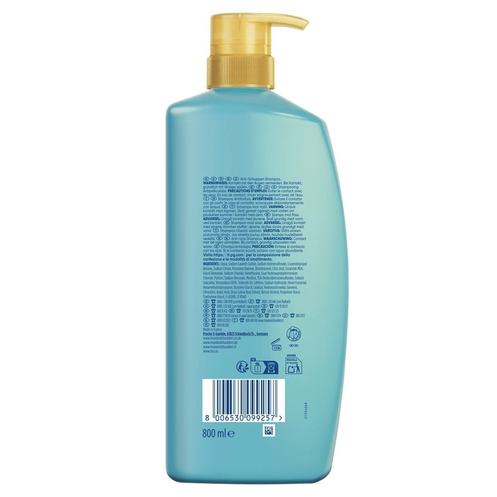 Head & Shoulders Anti-Schuppen Shampoo-Flasche, die die mehrsprachigen Warnhinweise und Inhaltsstoffe auf der RÃ¼ckseite der Verpackung hervorhebt. [SV] Head & Shoulders schampo flaska visar Anti-Schuppen Shampoo och varningar pÃ¥ flera sprÃ¥k. [FI] Head & Shoulders -shampoo pullopakkauksessa, jossa nÃ¤kyy varoitusteksti eri kielillÃ¤ koskien tuotteen joutumista silmiin. [ES] Head & Shoulders ChampÃº Anticaspa, botella de 800 ml mostrando la etiqueta trasera con informaciÃ³n.