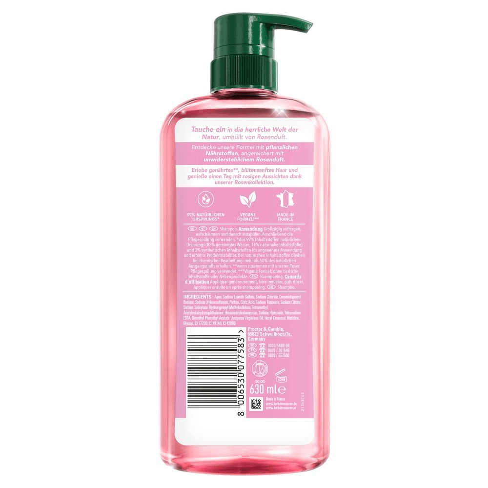 Herbal Essences Shampoo-Flasche, die 97% natürlichen Ursprungs und Vegane Formel sowie Made in France hervorhebt.