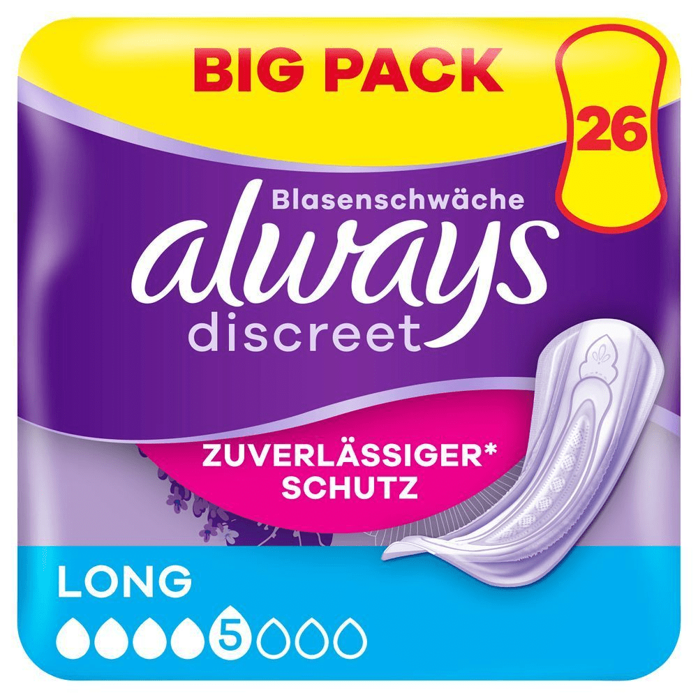 Always Discreet Einlagen für Blasenschwäche, Long, 5 Tropfen, Big Pack mit 26 Stück, zuverlässiger Schutz