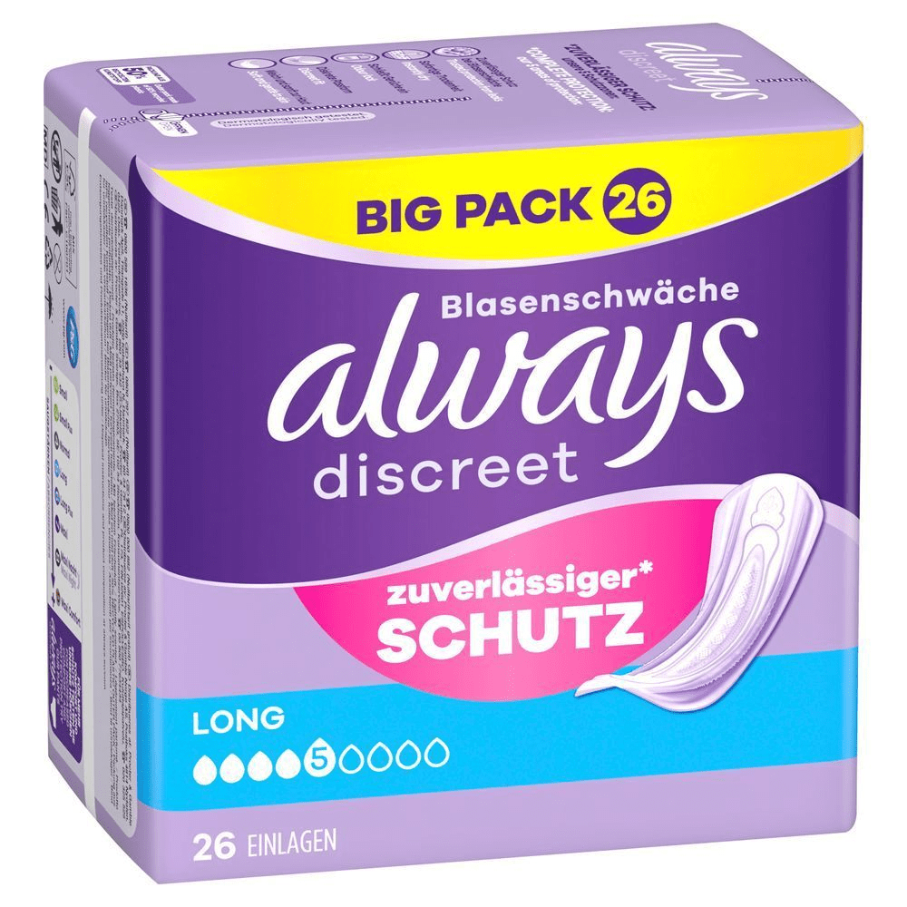Always Discreet Einlagen für Blasenschwäche, Long, 5 Tropfen, Big Pack 26 Stück, Zuverlässiger Schutz;
