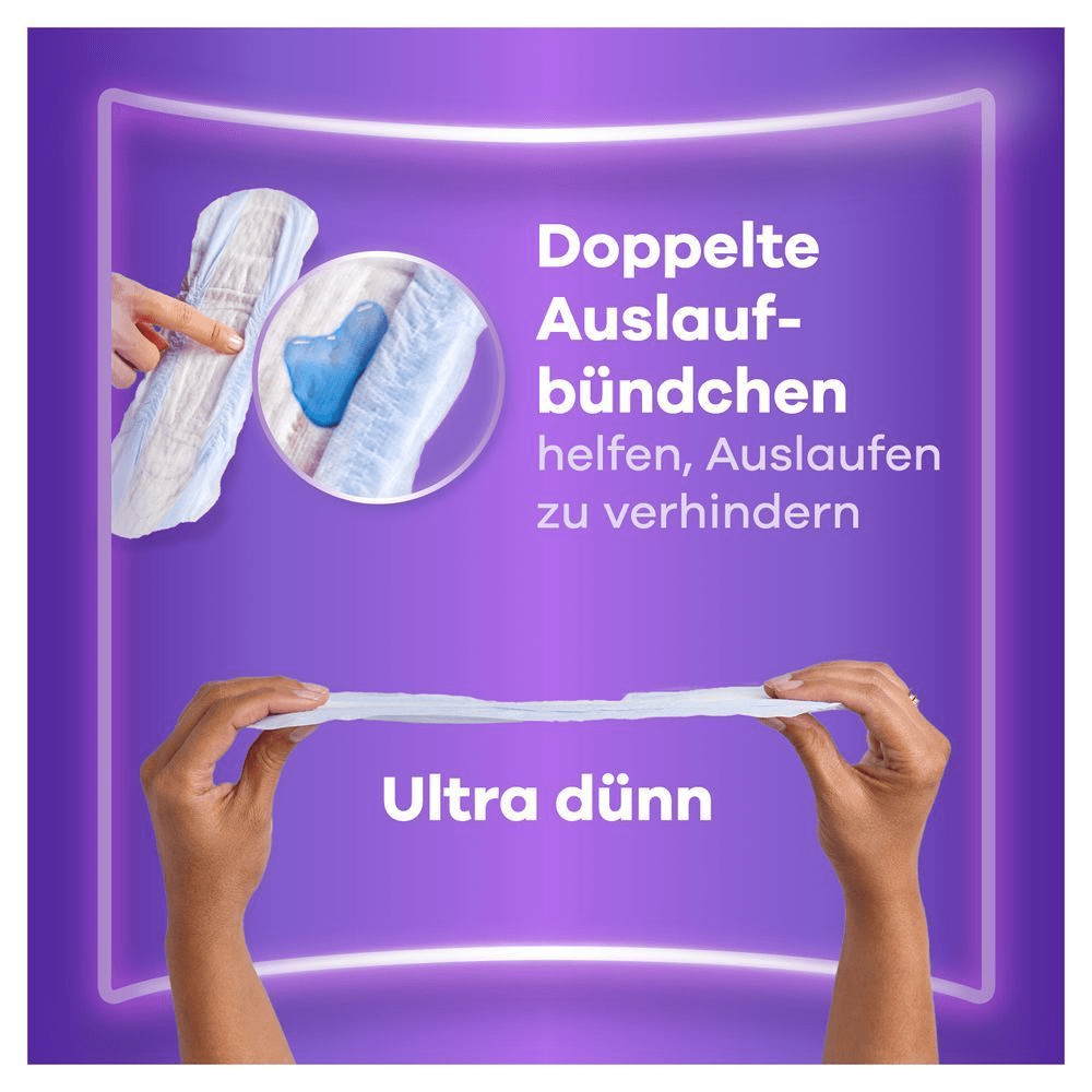 Always Discreet Einlage mit doppelten Auslaufbündchen, die helfen, Auslaufen zu verhindern, und ultra-dünnem Design für Komfort.