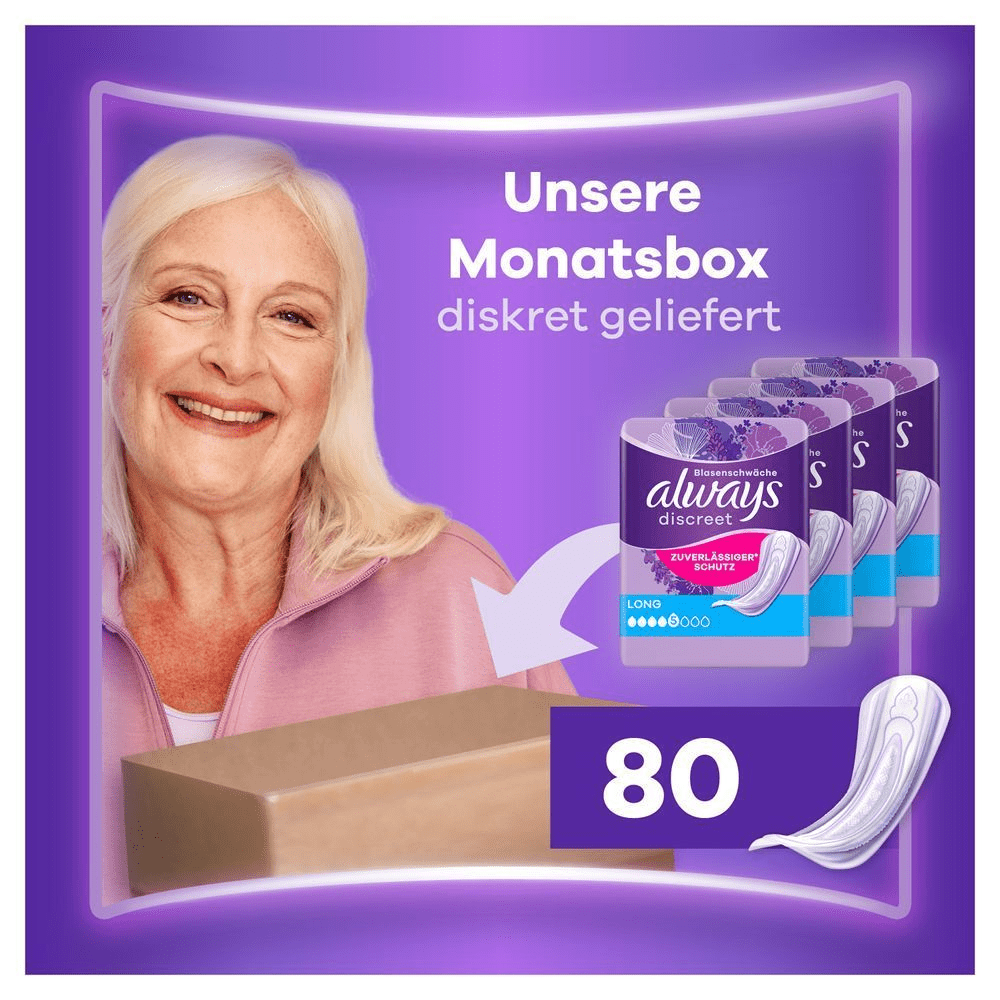Always Discreet Long Einlagen als Monatsbox mit 80 Stück.