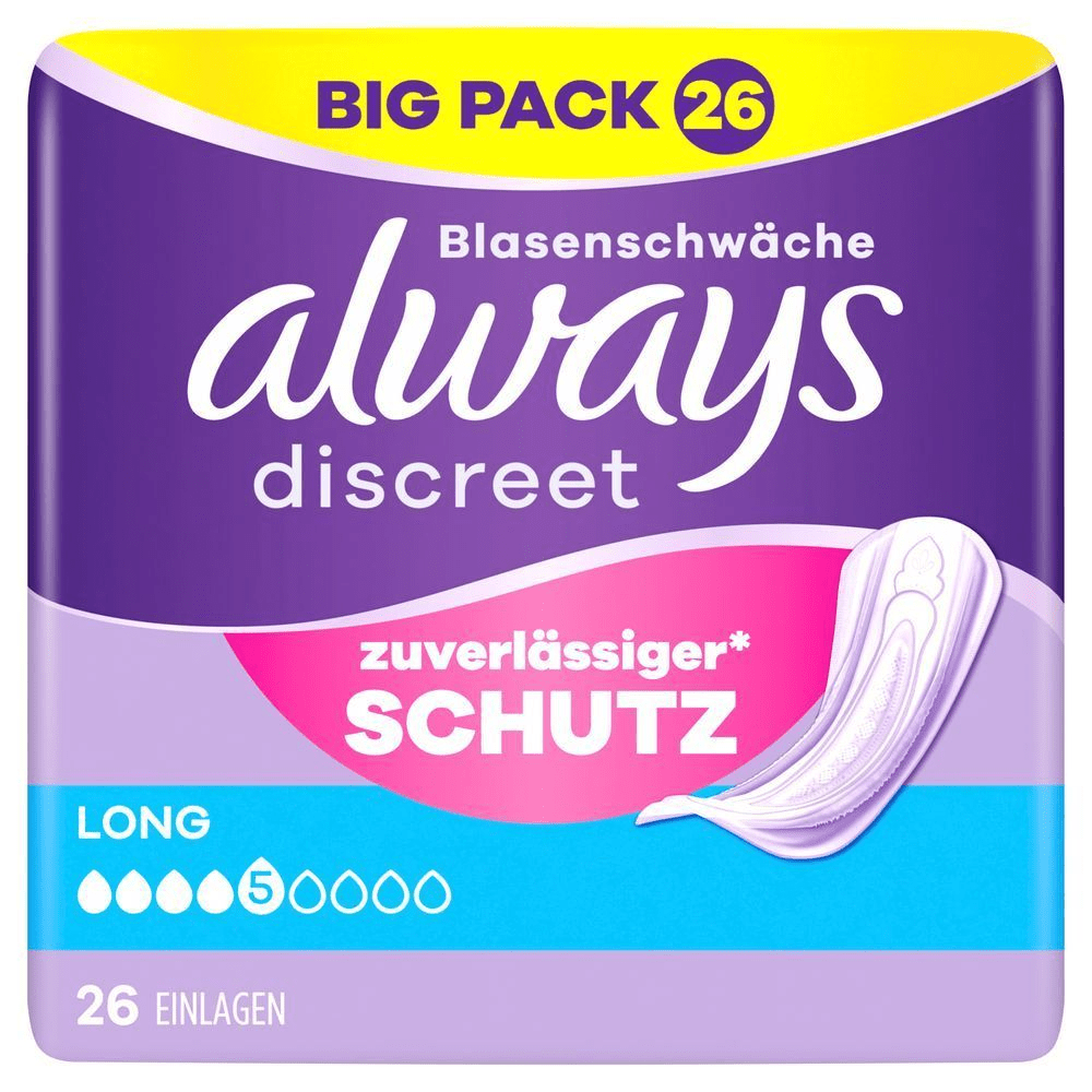 Always Discreet Einlagen für Blasenschwäche im Big Pack mit 26 Stück und zuverlässigem Schutz. [EN] Always Discreet pads, size long, 5 drops, 26 count, without wings, sensitive bladder, complete protection. Plastic pack front panel in purple, Always logo dark purple. Big pack highlighted at the top in purple caps on a yellow banner.