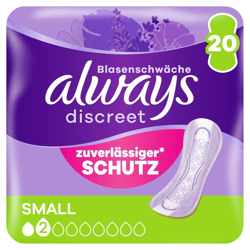 Always Discreet Blasenschwäche Einlagen, 20er Packung Größe Small, für zuverlässigen Schutz. [EN] Always Discreet pads, size small, 2 drops, 20 count, without wings, sensitive bladder, complete protection. Plastic pack front panel in purple, Always logo dark purple.