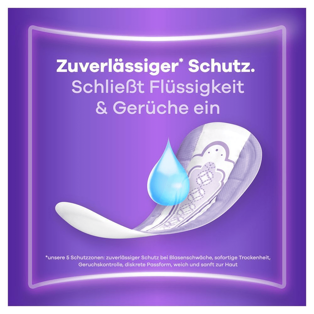 Always Discreet Slipeinlage mit Wassertropfen, die zuverlässigen Schutz und Einschluss von Flüssigkeit und Gerüchen demonstriert.