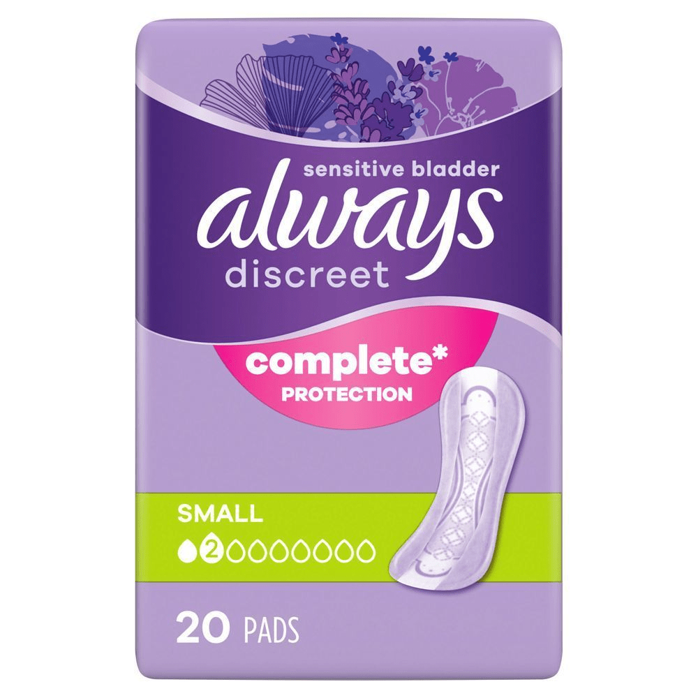 Always Discreet Inkontinenzeinlagen bei Blasenschwäche Small Packung mit 20 Einlagen und dem Hinweis Zuverlässiger Schutz. [EN] Always Discreet pads, size small, 2 drops, 20 count, without wings, sensitive bladder, complete protection. Plastic pack front panel in purple, Always logo dark purple.