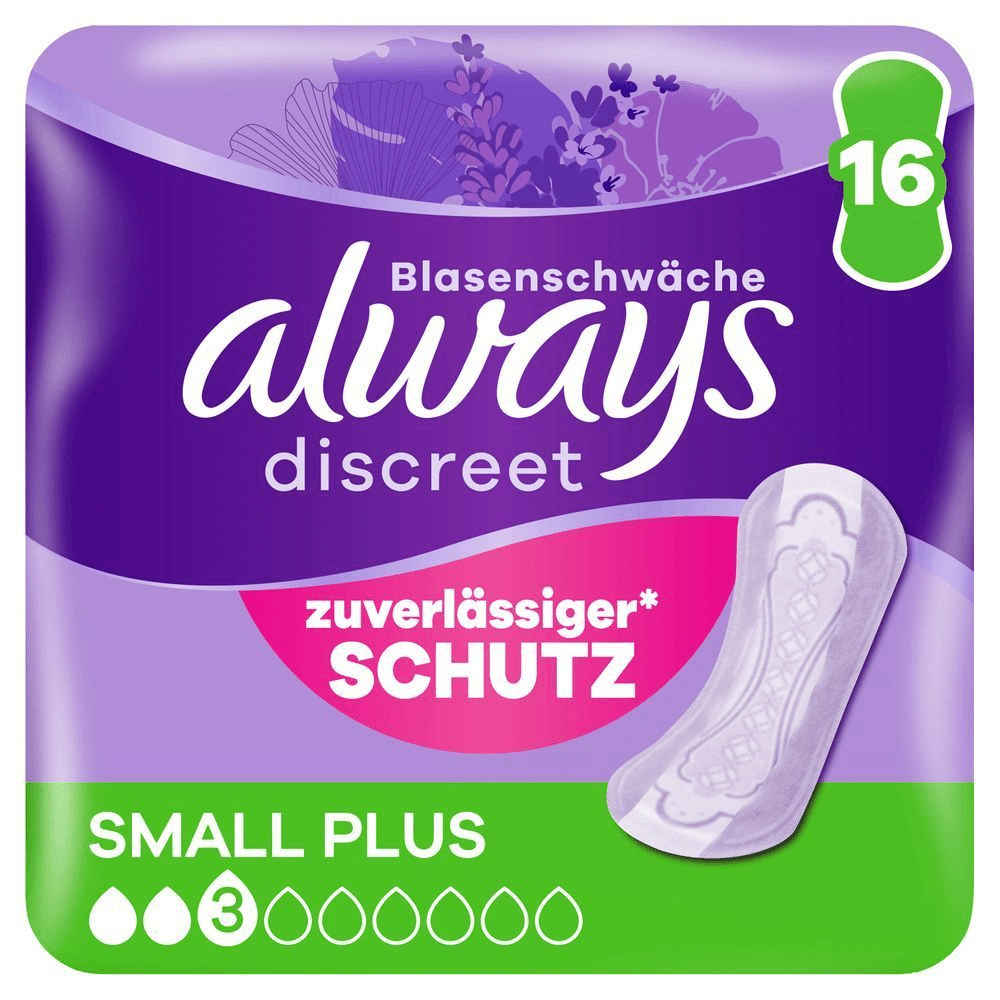 Always Discreet Blasenschwäche Small Plus Packung mit 16 Einlagen und der Aufschrift zuverlässiger Schutz. [EN] Always Discreet pads, size small plus, 3 drops, 16 count, without wings, sensitive bladder, complete protection. Plastic pack front panel in purple, Always logo dark purple.