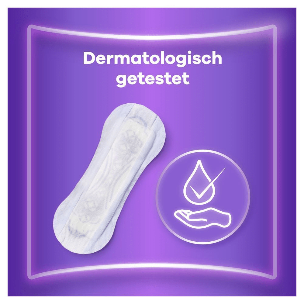 Always Slipeinlage, hervorgehoben durch das "Dermatologisch getestet" Siegel und eine Hand unter einem Tropfen mit einem Häkchen.