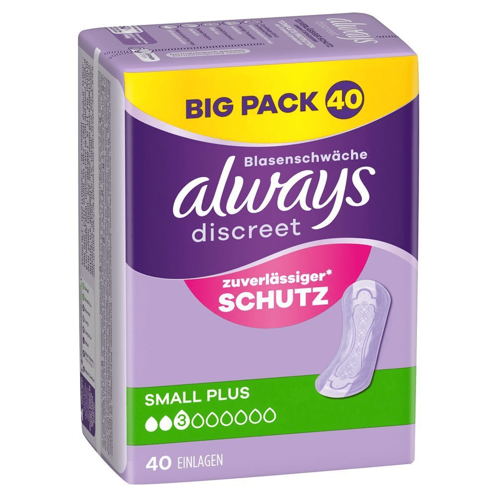 Always Discreet Einlagen für Blasenschwäche Verpackung, Größe Small, 2 Tropfen, 20 Stück, zuverlässiger Schutz;