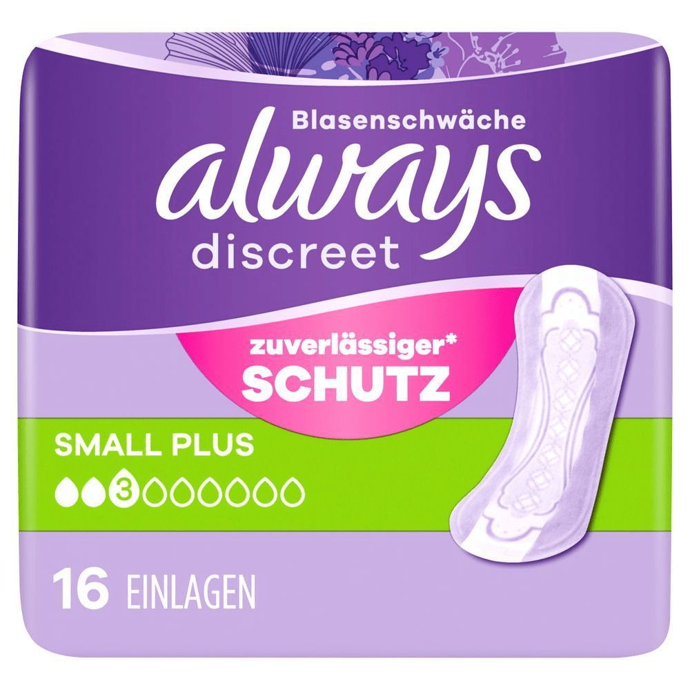 Always Discreet Blasenschwäche Einlagen, Small Plus, 16 Stück, betonen den zuverlässigen Schutz. [EN] Always Discreet pads, size small plus, 3 drops, 16 count, without wings, sensitive bladder, complete protection. Plastic pack front panel in purple, Always logo dark purple.