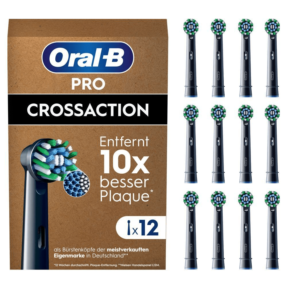 Oral-B PRO CrossAction Aufsteckbürsten, 12 Stück, Verpackung mit dem Hinweis "Entfernt 10x besser Plaque". [ES] Oral-B PRO CrossAction, paquete de 12 cabezales de repuesto, con el texto "Elimina 10 veces más placa".;