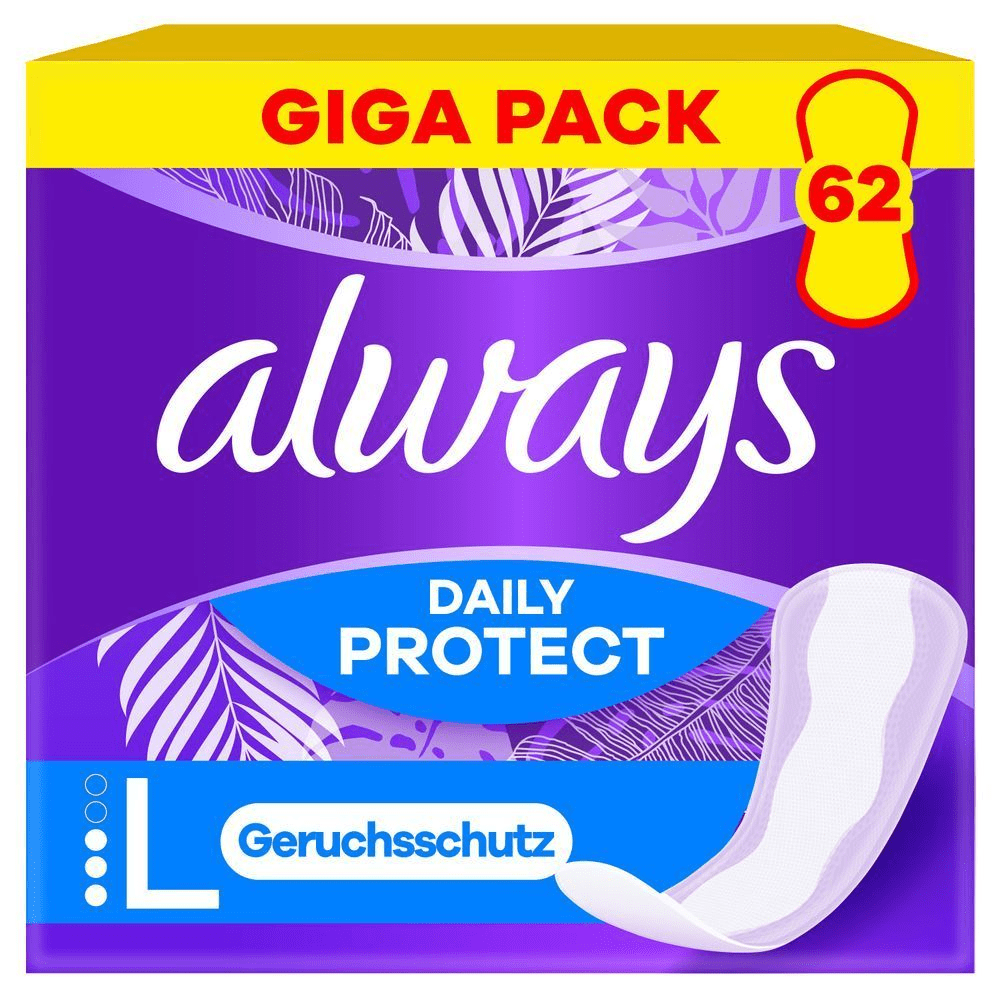 Always Daily Protect pantyliners, size long, 62 count, odour lock. Carton pack front panel in purple, Always logo dark purple. Giga pack highlighted at the top in red caps on a yellow banner.