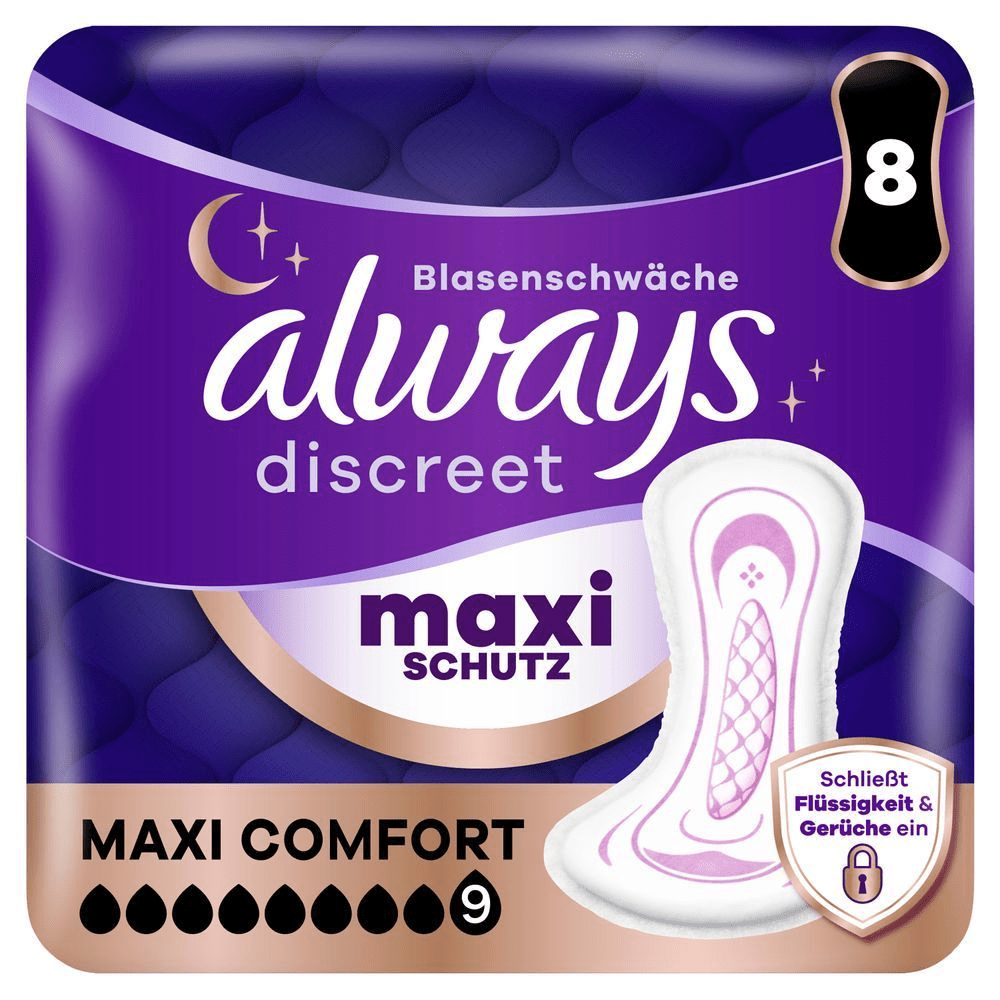 Always Discreet Maxi Schutz Verpackung für Blasenschwäche, mit dem Versprechen Schließt Flüssigkeit & Gerüche ein. [EN] Always Discreet maxi comfort incontinence pants, 9 drops, 8 count, sensitive bladder. Plastic pack front panel in dark blue, Always logo dark purple.