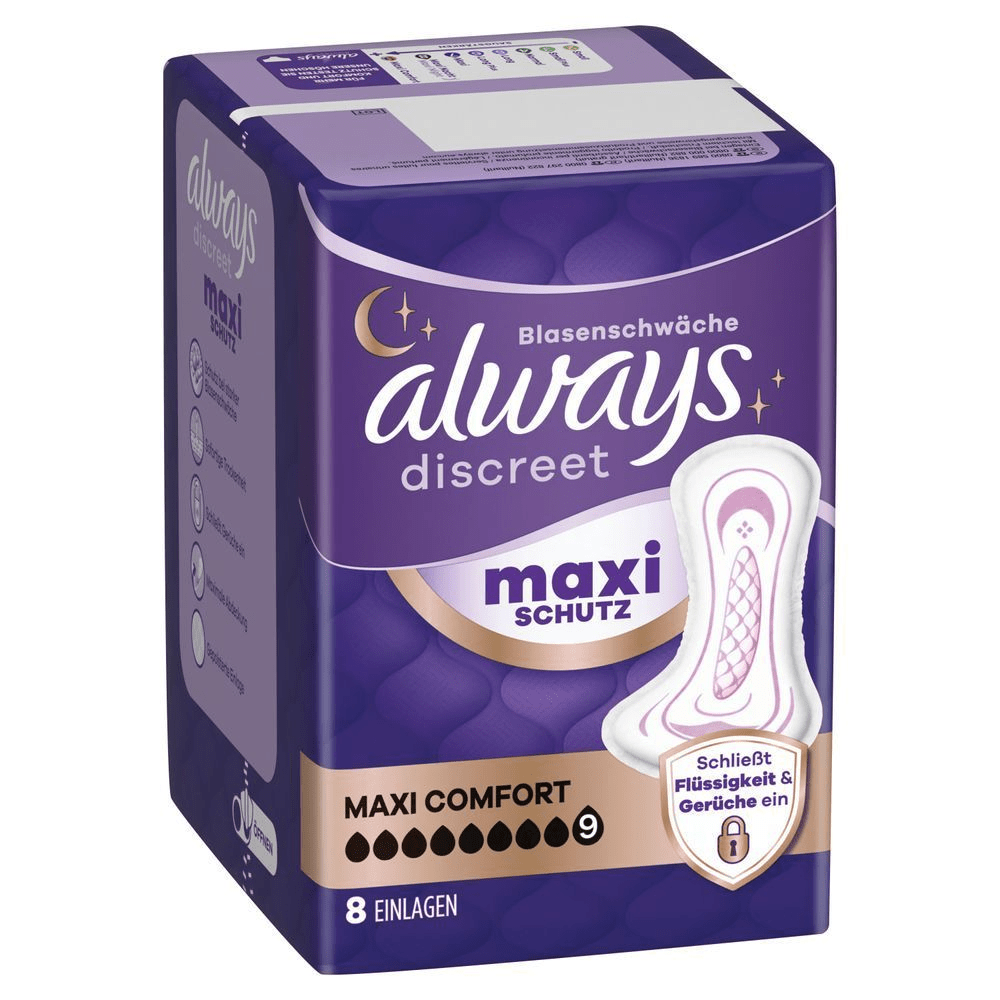 Always Discreet Maxi Schutz Einlagen Verpackung, die das Versprechen "Schließt Flüssigkeit & Gerüche ein" hervorhebt.;