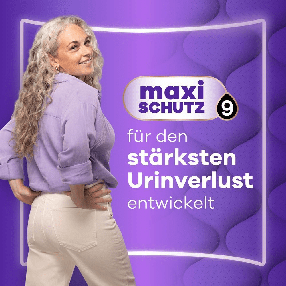 Lächelnde Frau mit Text über Always Discreet Einlagen 9 Tröpfchen für den stärksten Urinverlust