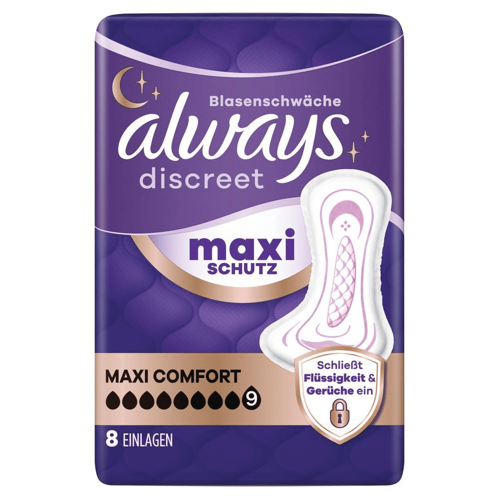 Always Discreet Blasenschwäche Maxi Einlagen mit Maxi-Schutz, der Flüssigkeit und Gerüche sicher einschließt. [EN] Always Discreet maxi comfort incontinence pants, 9 drops, 8 count, sensitive bladder. Plastic pack front panel in dark blue, Always logo dark purple.