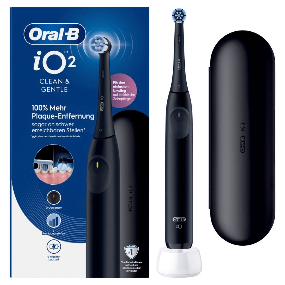 Oral-B iO2 Clean & Gentle Zahnbürste, bewirbt 100% mehr Plaque-Entfernung.