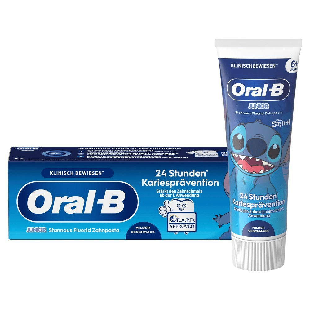 Oral-B Junior Stannous Fluorid Zahnpasta mit Disney Stitch, bietet 24 Stunden Kariesprävention und stärkt den Zahnschmelz. [FR] Oral-B Junior dentifrice fluoré stanneux, pack et tube mettant en avant la prévention des caries pendant 24 heures.;
