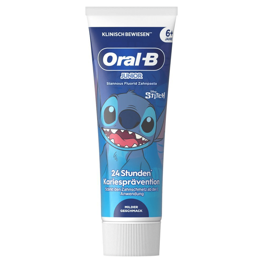 Oral-B Junior Stannous Fluorid Zahnpasta, mit Disney Stitch-Motiv, bietet 24 Stunden Kariesprävention ab der ersten Anwendung.;