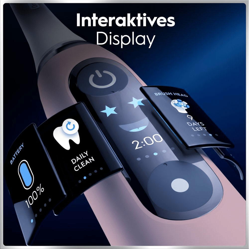 Elektrische Zahnbürste mit interaktivem Display zeigt Putzzeit, Akku und Bürstenkopf-Status.