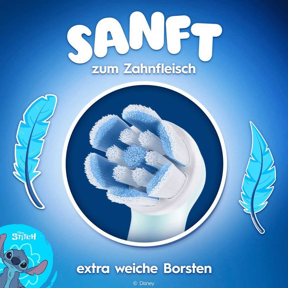 Abbildung eines Bürstenkopfs mit Feder-symbolen, die die Sanftheit betonen. Stitch ist in der Ecke zu sehen.