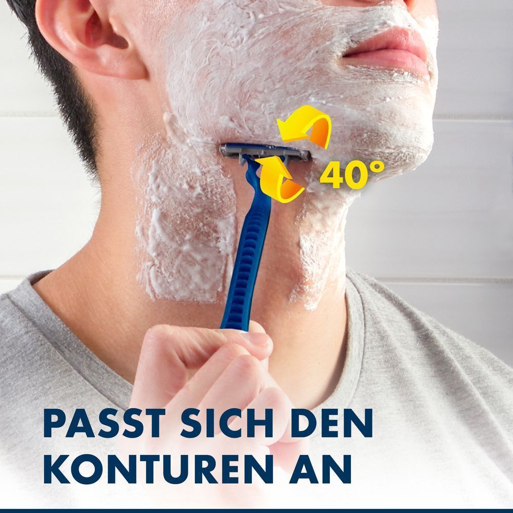 Blaue 3 Rasierer passt sich dank 40-Grad-Winkel optimal den Gesichtskonturen an, wie durch Pfeile hervorgehoben.