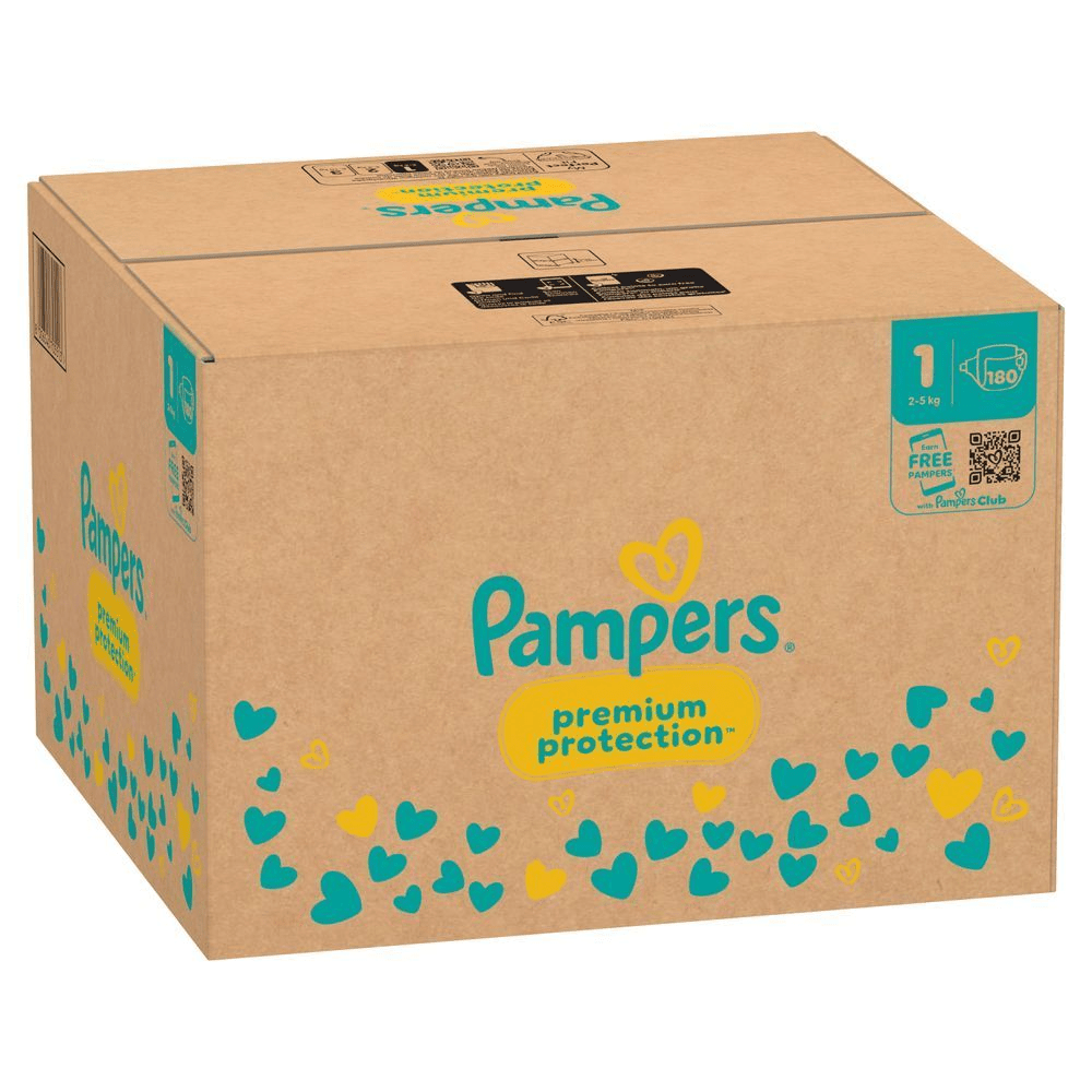 Pampers Premium Protection Windeln, Größe 1, in einer Kartonverpackung mit dem Aufdruck premium protection. [SV] Pampers Premium Protection-blöjor visas i en kartong som framhäver premium protection och möjligheten att tjäna gratis Pampers med Pampers Club.