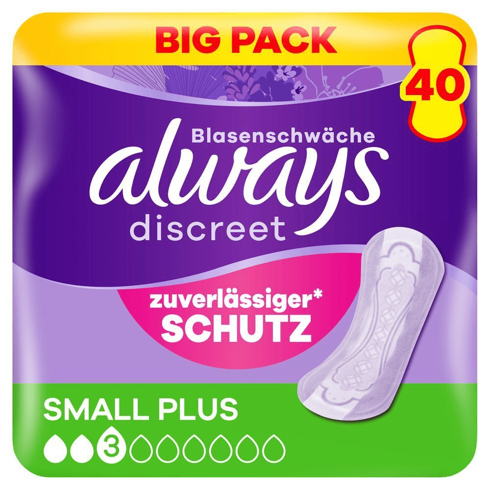 Always Discreet Blasenwäche Einlagen, 40er Big Pack, mit zuverlässigem Schutz bei Blasenschwäche. [EN] Always Discreet pads, size small plus, 3 drops, 40 count, without wings, sensitive bladder, complete protection. Plastic pack front panel in purple, Always logo dark purple. Big pack highlighted at the top in red caps on a yellow banner.
