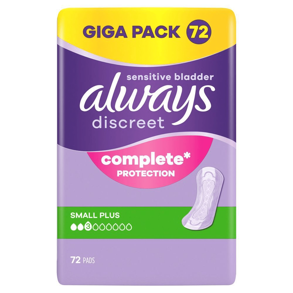 Always Discreet Einlagen für sensible Blase, Giga Pack mit 72 Stück, bewirbt "Complete Protection".