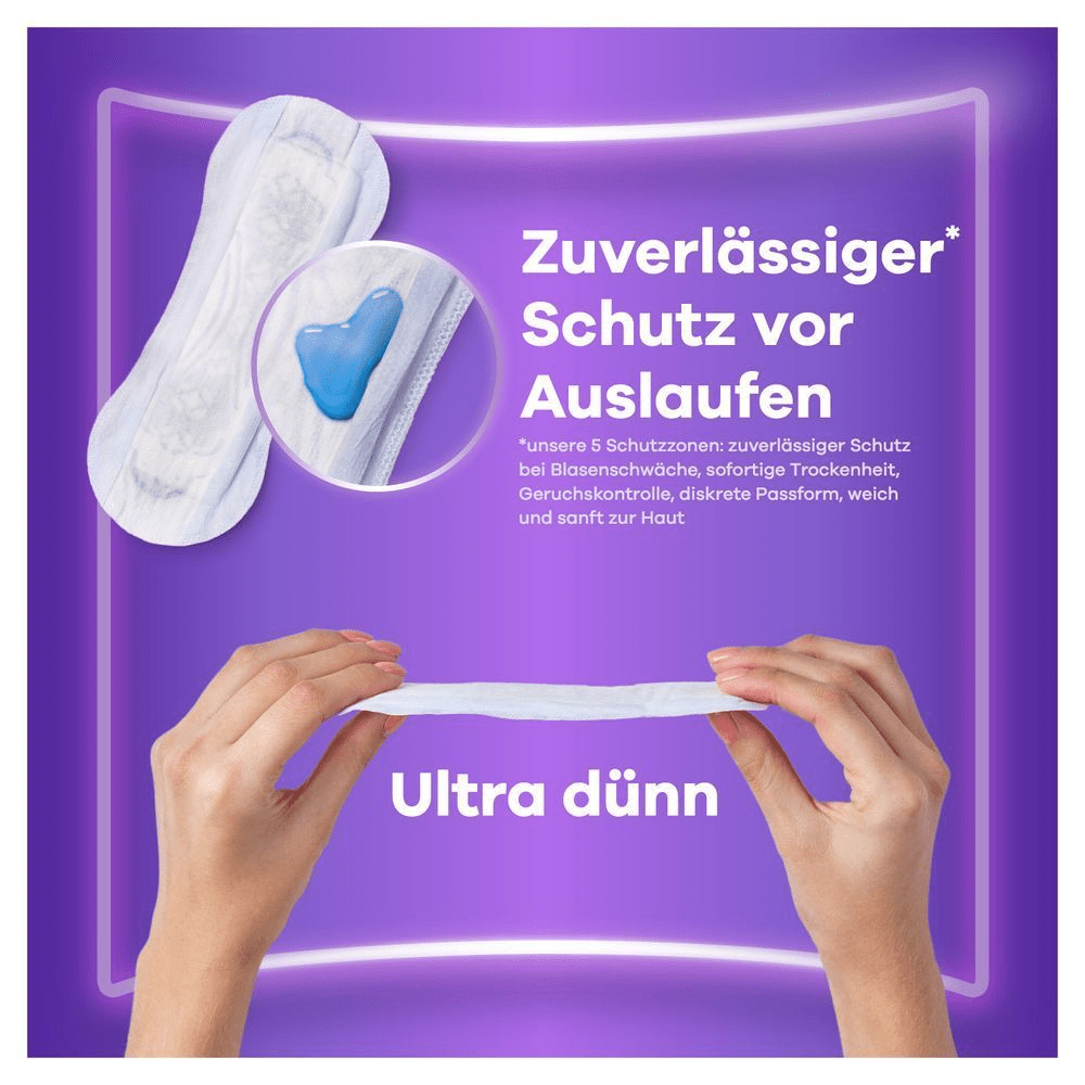 Always Einlagen bieten zuverlässigen Schutz vor Auslaufen dank 5 Schutzzonen und sind ultra dünn für diskreten Komfort.
