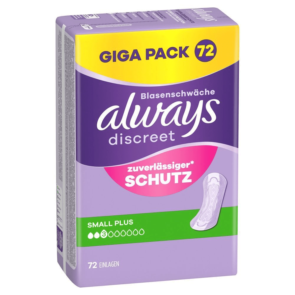 Always Discreet Einlagen für Blasenschwäche, Giga Pack mit 72 Stück, für zuverlässigen Schutz, Small Plus.