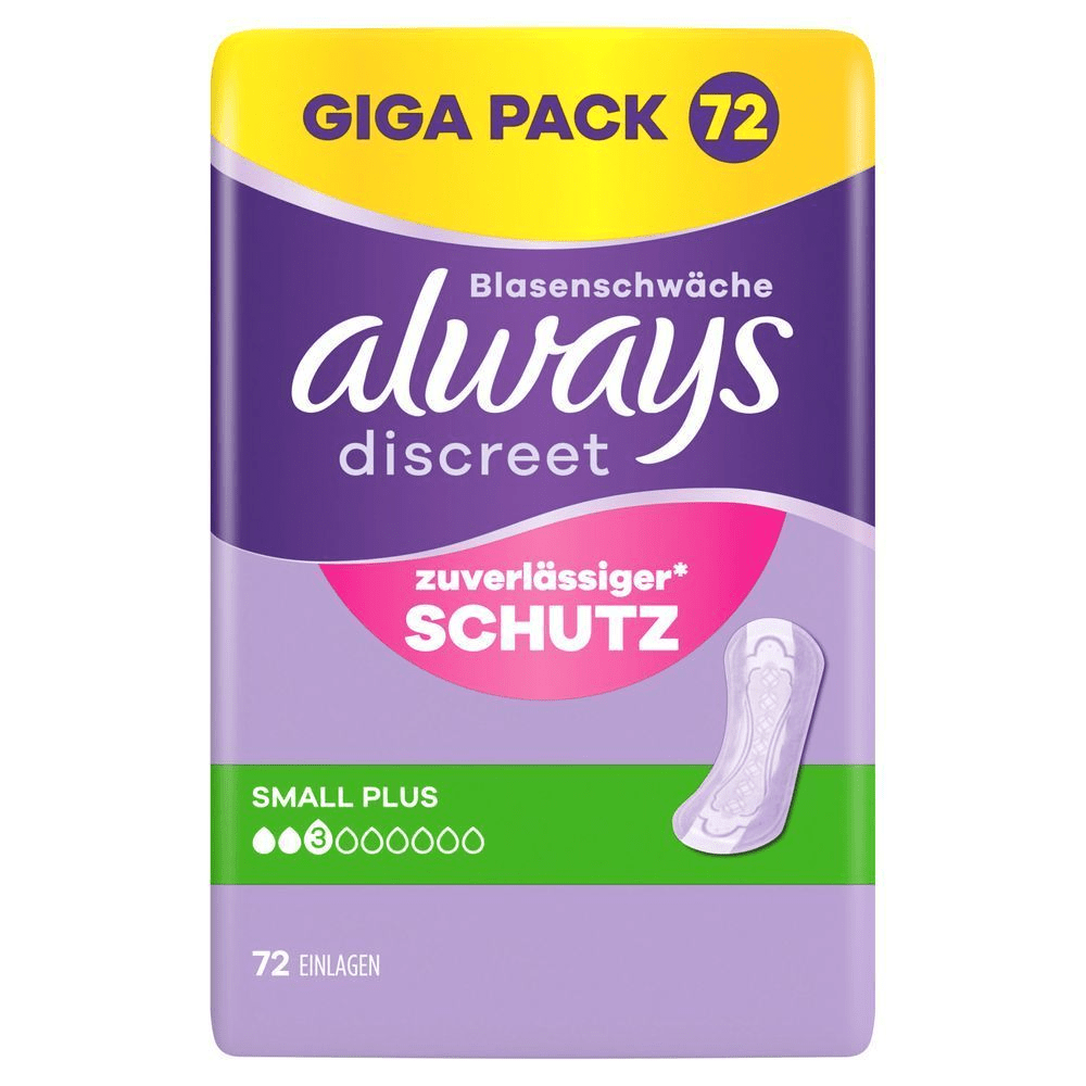 Always Discreet Einlagen GIGA PACK 72 Small Plus, mit zuverlässigem Schutz bei Blasenschwäche. [EN] Always Discreet pads, size small plus, 3 drops, 40 count, without wings, sensitive bladder, complete protection. Plastic pack front panel in purple, Always logo dark purple. Big pack highlighted at the top in purple caps on a yellow banner.