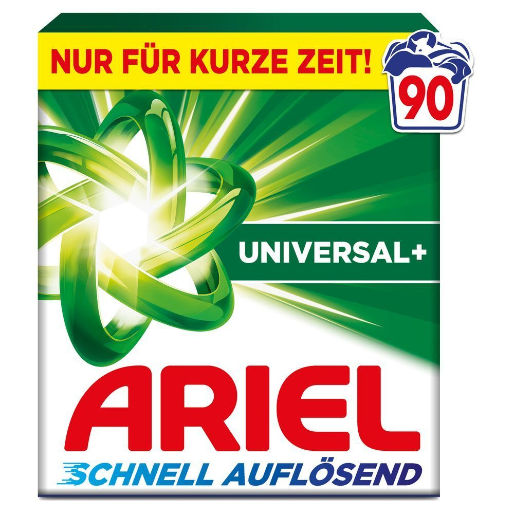 Ariel Universal+ Pulverwaschmittel, 90 Waschladungen, Vorderseite [EN] Ariel Universal+ powder detergent 90 washes [IT] Detersivo in polvere Ariel Universal+ 90 lavaggi;