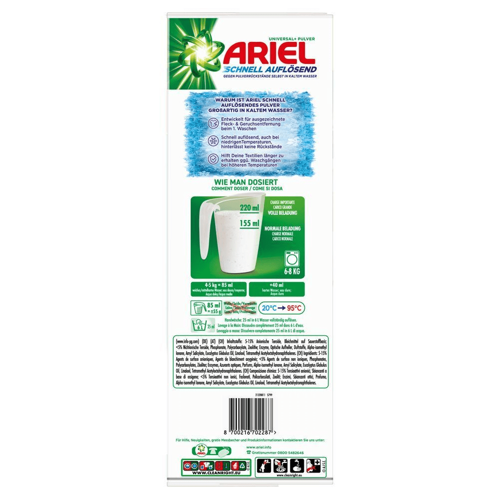 Ariel Universal+ Pulverwaschmittel. Seitenansicht mit Dosierungshilfe. Verpackung betont die schnelle Auflösung auch bei niedrigen Temperaturen, um Rückstände zu vermeiden.
 [EN] Ariel Universal+ powder laundry detergent [IT] Detersivo in polvere per bucato Ariel Universal+;