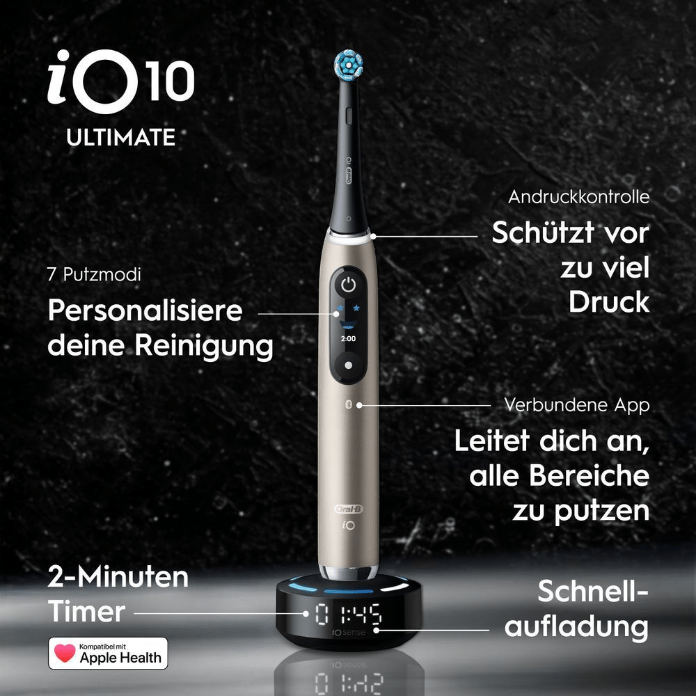 Goldene iO10 Zahnbürste auf iOsense Ladestation; 7 Modi, Timer, App, Schnellladung.
