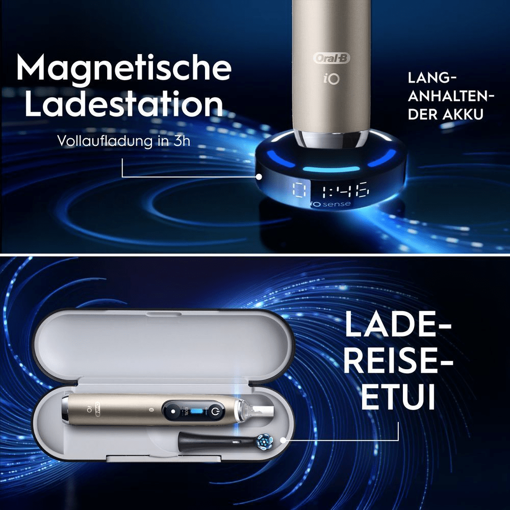 Oben: magnetische iO Ladestation mit goldener Zahnbürste; unten: Reise-Etui mit Zahnbürste.