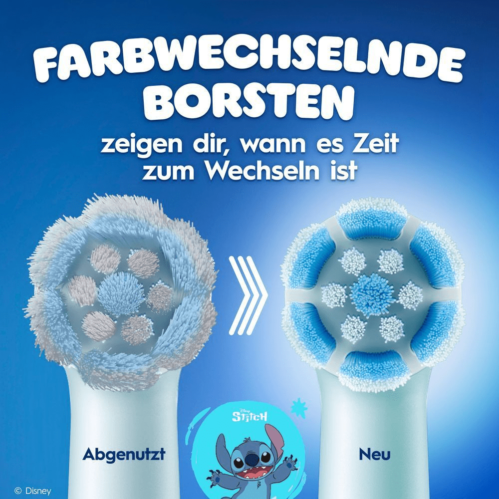 Vergleich von einer abgenutzen iO Aufsteckbürste ggü. einer neuen Aufsteckbürste. Die Borsten verblassen von blau zu weiß.