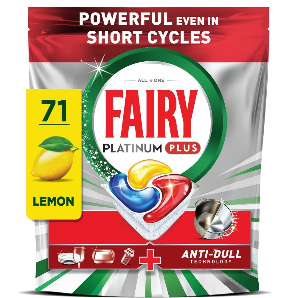 Fairy Platinum Plus Geschirrspültabs, Zitronenduft, 71 Stück, kraftvoll auch im Kurzprogramm, Anti-Schleier-Technologie sorgt für Glanz.
