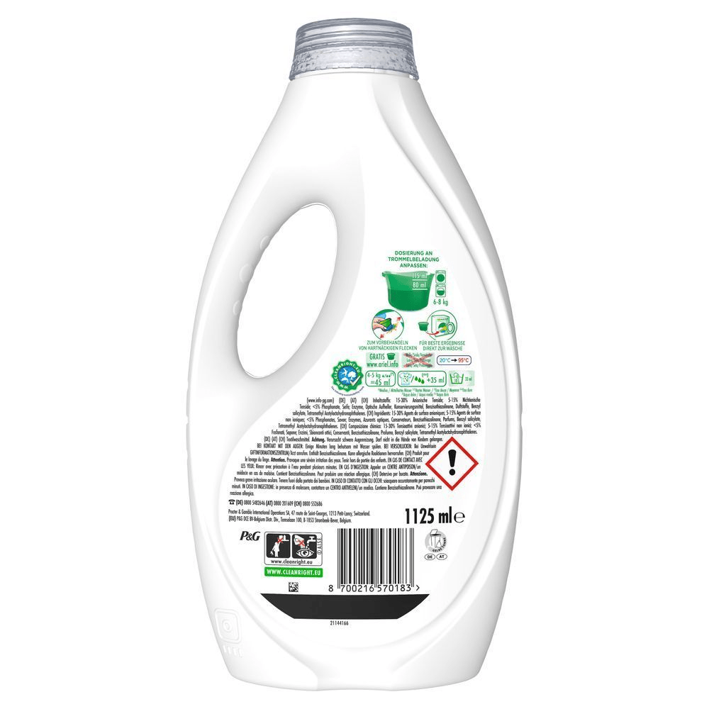 Ariel Flüssigwaschmittel, 1125 ml, zur Vorbehandlung hartnäckiger Flecken und für optimale Ergebnisse direkt in der Waschmaschine. Zeigt die Rückseite mit Angaben zu Inhaltsstoffen und gesetzlichen Vorschriften in Deutsch. [EN] Ariel Liquid Laundry Detergent, 1125 ml, for pre-treating tough stains and optimal results directly in the washing machine. [IT] Detersivo liquido per bucato Ariel, 1125 ml, per pretrattare le macchie ostinate e ottenere risultati ottimali direttamente in lavatrice.;
