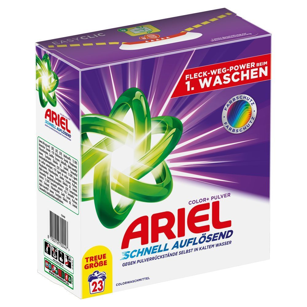 Ariel schnell auflösendes Waschmittelpulver, Color+, 23 Waschladungen, Karton [IT] Detersivo in polvere per bucato a rapido scioglimento Ariel, Color+, 23 lavaggi, scatola;