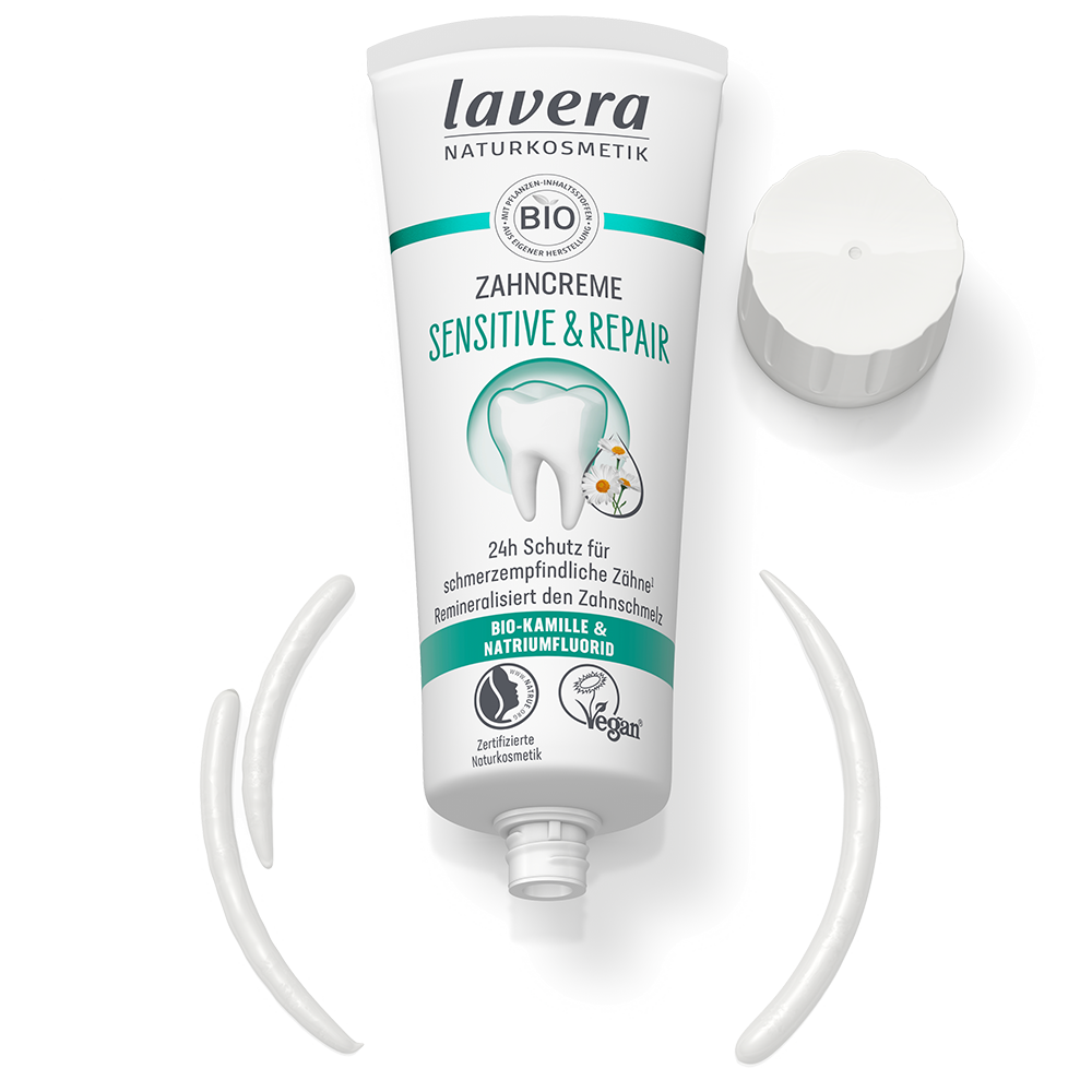Bild: lavera Zahncreme Sensitive und Repair Bio-Kamille und Natriumfluorid
