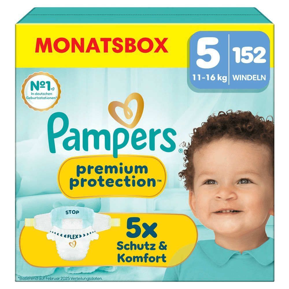 Pampers Premium Protection Monatsbox, Größe 5 (11-16 kg), 152 Windeln, mit dem Hinweis "5x Schutz & Komfort". [IT] Pampers Premium Protection taglia 5, confezione da 152 pannolini, con l'indicazione "5x Schutz & Komfort" (5 volte protezione e comfort).;